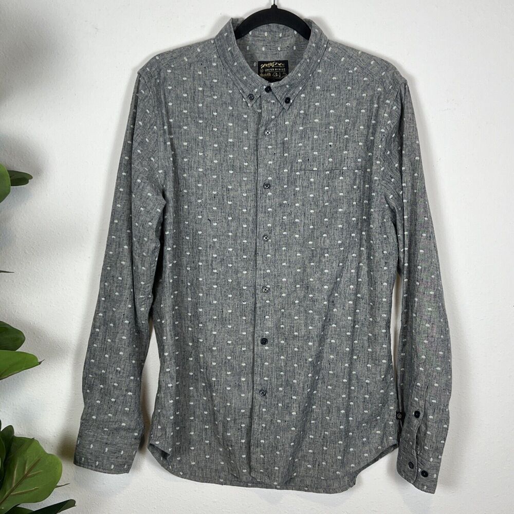 UNITED BY BLUE Mens Shirt Medium Chambray Burnout Button Down Buffalo Print Hemp